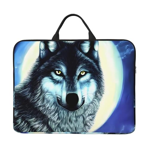 Wolf Under Moon 14-Zoll-Laptop-Tasche mit stoßfestem Futter und tragbarem Design, geeignet für Business und Alltag. von Bjyccar