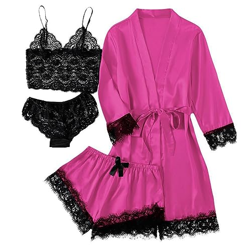 4-teiliges Schlafanzug Damen Lang Pyjama Set Nachtwäsche Sexy Spitzen Unterwäsche Kurze Hose Nachthemd Frühling Sommer Morgenmantel weich Nachtwäsche Shorts Satin-Pyjama für Damen (Hot Pink-5, M) von Bkazwe