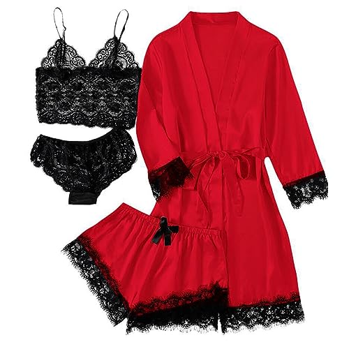 4-teiliges Schlafanzug Damen Lang Pyjama Set Nachtwäsche Sexy Spitzen Unterwäsche Kurze Hose Nachthemd Frühling Sommer Morgenmantel weich Nachtwäsche Shorts Satin-Pyjama für Damen (Red-5, XXXL) von Bkazwe