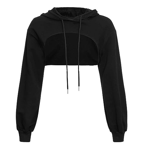 Crop Hoodie Damen Pullover Sehr Kurz Sweatshirt Bauchfrei Kapuzenpullover Langarm Kurz Hoodie Pulli Rundkragen Cut-Out Shirts mit Kapuzen Vintage Streetwear Y2KClothes Langarm Pullover Crop (Black, M) von Bkazwe