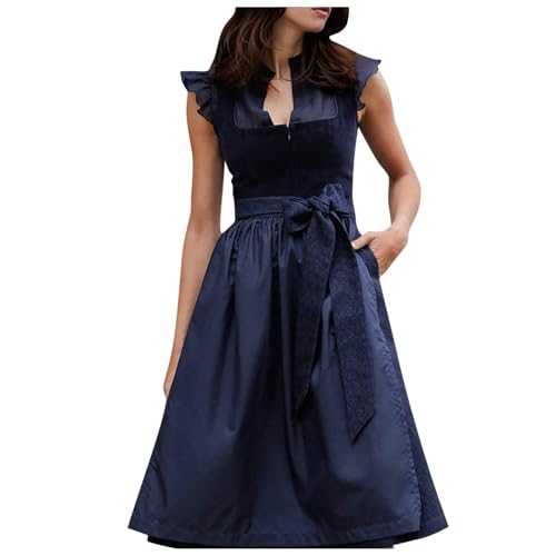 Dirndl Damen Midi Trachtenkleid - Schlicht Outfit Trachtenmode Vintage Set Elegant Kostüm Samt Blau Inkl. Dirndlschürze Karneval Oktoberfest Outfit (09202-Dark Blue, M) von Bkazwe