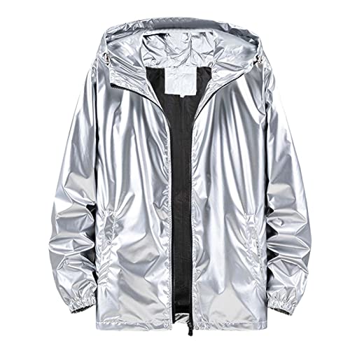 Metallische Jacke Metallisch Glänzend Bomberjacke für Herren Wasserdichte Regenjacke Leicht mit Kapuzen Outdoor Windbreaker Hiphop Langarm Bomberjacke Fliegenjacke Bikerjacke Outwear (Silver, XL) von Bkazwe