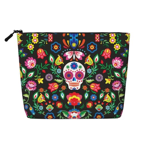 Bkdogkt Arbeitstasche mit Horror-Totenkopf- und Blumendruck, einlagig, Make-up-Tasche, Reise-Kosmetik-Organizer, großes Fassungsvermögen, Schwarz, Einheitsgröße von Bkdogkt