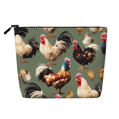 Bkdogkt Arbeitstasche mit Huhn- und Hahn-Aufdruck, einlagige Make-up-Tasche, Reise-Kosmetik-Organizer, großes Fassungsvermögen, Schwarz, Einheitsgröße von Bkdogkt