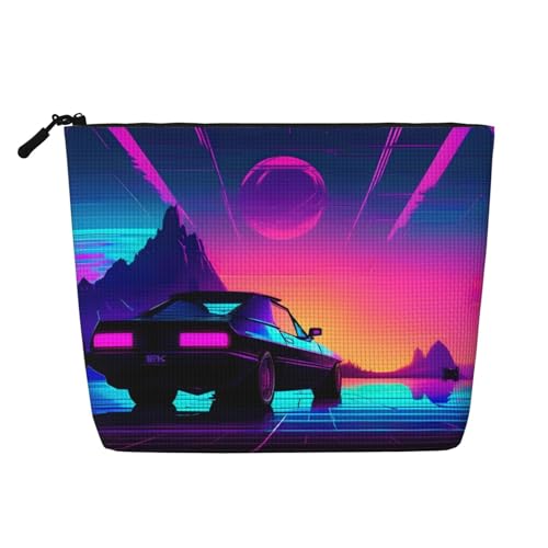 Bkdogkt Arbeitstasche mit Retrowave-Bilder-Druck, einlagig, Make-up-Tasche, Reise-Kosmetik-Organizer, großes Fassungsvermögen, Schwarz, Einheitsgröße von Bkdogkt