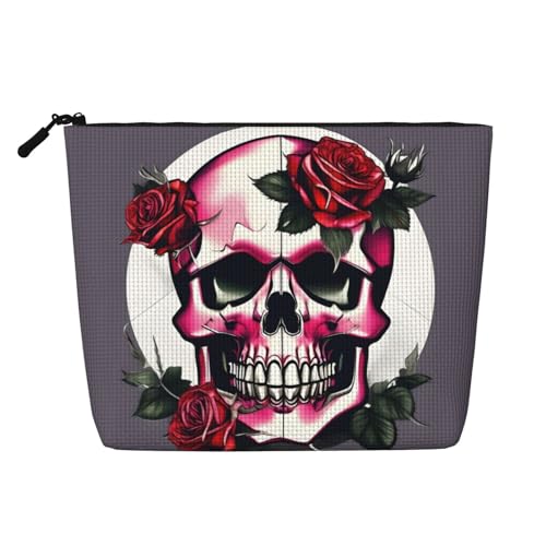 Bkdogkt Arbeitstasche mit Rosen-Totenkopf-Aufdruck, einlagig, Make-up-Tasche, Reise-Kosmetik-Organizer, großes Fassungsvermögen, Schwarz, Einheitsgröße von Bkdogkt