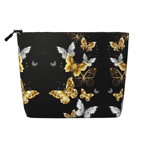 Bkdogkt Arbeitstasche mit goldfarbenen weißen Schmetterlingen, schwarzer Druck, einlagig, Make-up-Tasche, Reise-Kosmetik-Organizer, großes Fassungsvermögen, Schwarz, Einheitsgröße von Bkdogkt