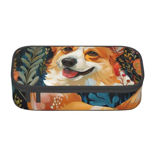 Bkdogkt Corgi Federmäppchen mit Blumenmuster, Frühlingsgarten, 21,6 x 5,1 x 9,4 cm, großes Fassungsvermögen, funktionale Aufbewahrung für Büro, Reisen von Bkdogkt