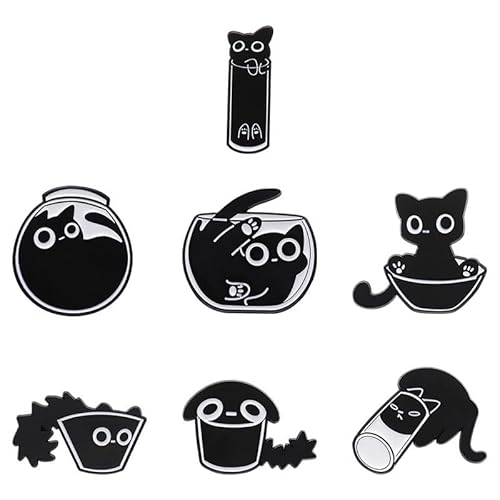 7 Stück Schwarze Katze Emaille Pins, Niedliche Katzen Emaille Anstecknadeln, Niedliche Tier Emaille Brosche, Anstecker & Brosche für Frauen, für Alle Arten Von Kleidung, Hüte, Taschen, Rucksäcke von Bkemkri