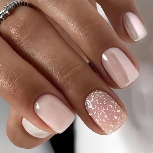 Bkemkri 24 Stück Eckig Nägel Zum Aufkleben French Press On Nails Kurz Nagelsticker Nacktes Rosa Ballerina Französische Fake Nails Gel Quadratische Perlglanz Acryl Kunstnägel für Frauen und Mädchen von Bkemkri