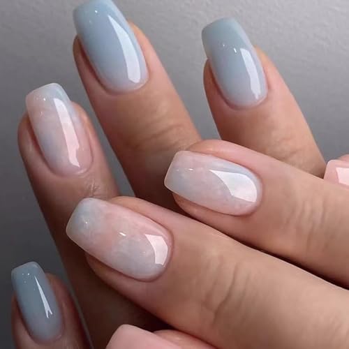 Bkemkri 24 Stück Nägel Zum Aufkleben Press on Nails Kurz Eckig Fingernägel French Glossy Rosa Blau Klebepads Tips Square Abnehmbare Natürlich Acryl Künstliche für Frauen und Mädchen von Bkemkri