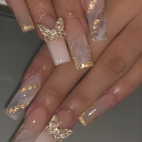 Bkemkri 24 Stück Press on Nails Lange Quadratische Gold Glitter Künstliche Nägel French Lüster Acrylnägel Falsche Nägel mit 3D Schmetterlingdesign Butterfly Charm Glossy Goldpulver für Frauen Mädchen von Bkemkri