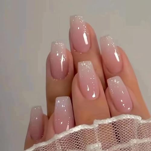 Bkemkri 24 Stück Soft Gel Press on Nails Set Fingernägel Künstliche Nägel zum Aufkleben Kurz French Kunst, Pink White Gradient Sparkly Künstliche Fingernägel Acryl Material für Frauen und Mädchen von Bkemkri