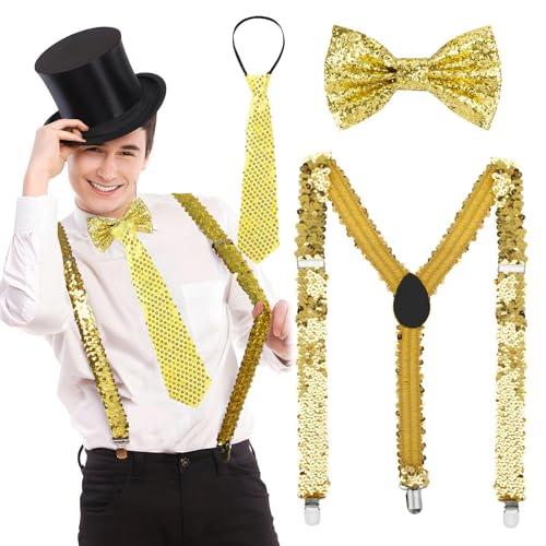Bkemkri 3-Teilig Glitzer Fliege und Hosenträger Herren Set, Disco Karneval Outfit Herren Accessories, Herren Hosenträger Krawatte Fliege Set für Party, Jazz Dance Performence, Silvester Kostüm (Gold) Bkemkri 3-Teilig Glitzer Fliege und Hosenträger Herren Set, Disco Karneval Outfit Herren Accessories, Herren Hosenträger Krawatte Fliege Set für Party, Jazz Dance Performence, Silvester Kostüm (Gold) von Bkemkri