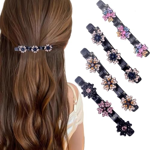 Bkemkri 4 Stück Entenschnabel Strass Haarspange Doppelschicht Haarklammer, Damen Haarspange Zarte Vierblättrige Kleeblatt Haarspangen Bunte Funkelnde Kristall Haarspange Blume für Damen Mädchen von Bkemkri