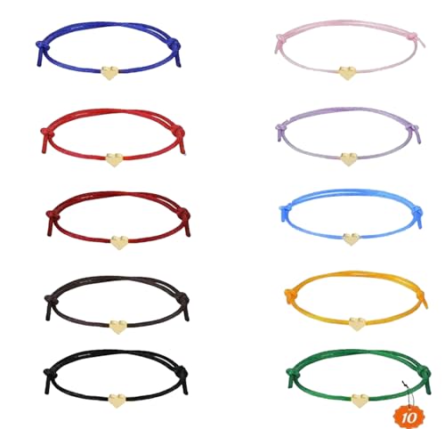 Bkemkri Freundschaftsarmband Herz 10 Stück, Herz Freundschafts Armband, Filigranes Herz Seil Armband Größenverstellbar in Gold, Makramee Band für Frauen & Mädchen Weihnachtsgeschenke, Handmade von Bkemkri