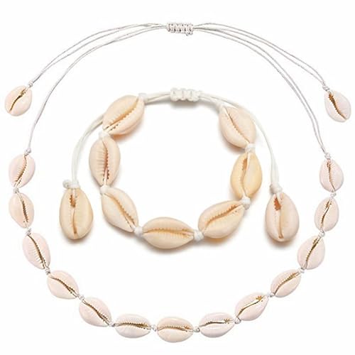 Bkemkri Muschel Halskette Armband Set, Natural Shell Choker Muschelkette Muschelarmband, Natürliche Muschel Perlen Armband Muschelketten Schmuck für Damen und Mädchen Muschel Fußkettchen von Bkemkri