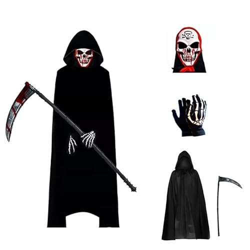 Bkrdty Sensenmann Kostüm 4 stücke Halloween Kostüm Set mit Schädelmaske Handschuhen Sense Halloween Umhang für Halloween MaskeradeFamilienfeier von Bkrdty