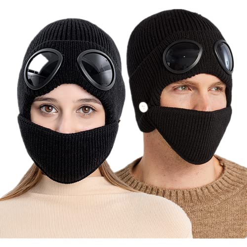 Strickmütze Goggle Beanie Winddicht Winter Warme Strickmütze Fleecefutter Slouchy Thick Skull Cap mit Abnehmbarer Brille und Winddichter Maske für Männer Frauen Erwachsene Outdoor Sport von Bkrdty