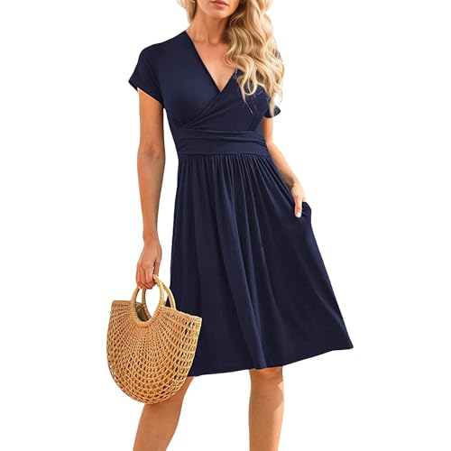 Bkul Damen Kleider Sommerkleid Damen Casual Kurzarm Strandkleid Hohe Taille V-Ausschnitt Midikleider Mit Taschen Dresses for Women(Marineblau,L) von Bkul