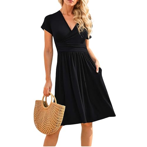 Bkul Damen Kleider Sommerkleid Damen Casual Kurzarm Strandkleid Hohe Taille V-Ausschnitt Midikleider Mit Taschen Dresses for Women(Schwarz,3XL) von Bkul
