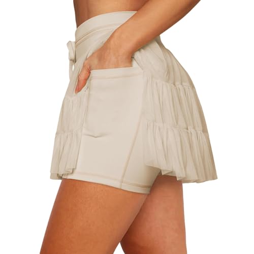 Bkul Damen Mädchen Mini Tüll Rock Skirt Einfarbiger Hoher Taille Rock Rüschenrock mit Hose Drunter Freizeitrock Tennisrock (DE/NL/SE/PL, Alphanumerisch, M, Regular, Regular, Apricot) von Bkul