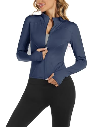Bkul Laufjacke Damen Atmungsaktive Sportjacke Langarm Running-Jacken Yoga Fitness Sportjacke mit Reißverschluss Trainingsjacke (DE/NL/SE/PL, Alphanumerisch, L, Regular, Regular, Marineblau) von Bkul