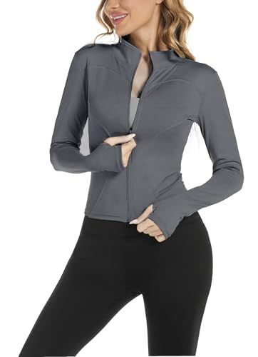 Bkul Laufjacke Damen Atmungsaktive Sportjacke Langarm Running-Jacken Yoga Fitness Sportjacke mit Reißverschluss Trainingsjacke (DE/NL/SE/PL, Alphanumerisch, M, Regular, Regular, Dunkelgrau) von Bkul