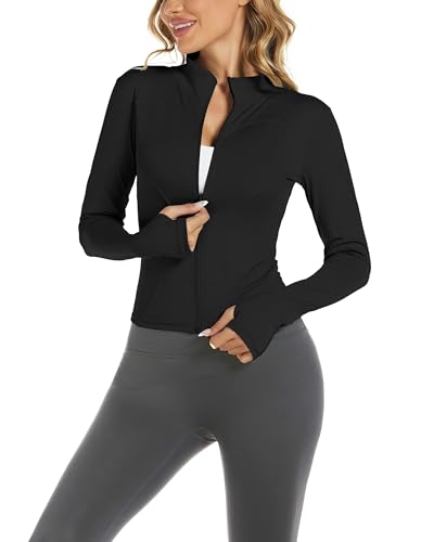 Bkul Laufjacke Damen Atmungsaktive Sportjacke Langarm Running-Jacken Yoga Fitness Sportjacke mit Reißverschluss Trainingsjacke (DE/NL/SE/PL, Alphanumerisch, M, Regular, Regular, Schwarz) von Bkul