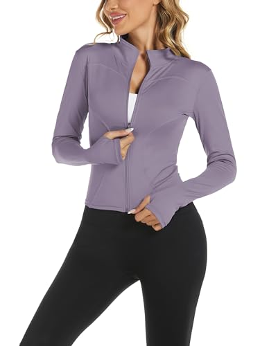 Bkul Laufjacke Damen Atmungsaktive Sportjacke Langarm Running-Jacken Yoga Fitness Sportjacke mit Reißverschluss Trainingsjacke (DE/NL/SE/PL, Alphanumerisch, M, Regular, Regular, Lila) von Bkul