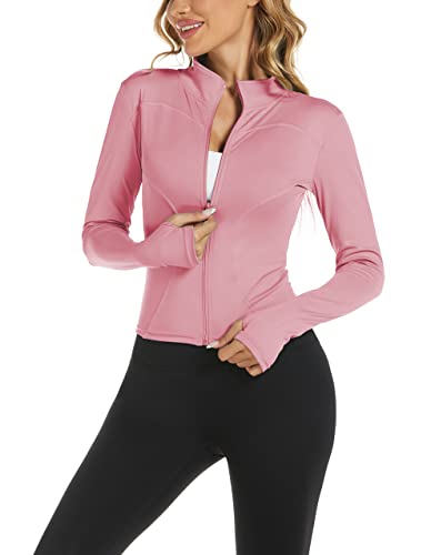 Bkul Laufjacke Damen Atmungsaktive Sportjacke Langarm Running-Jacken Yoga Fitness Sportjacke mit Reißverschluss Trainingsjacke (DE/NL/SE/PL, Alphanumerisch, M, Regular, Regular, Rosa) von Bkul