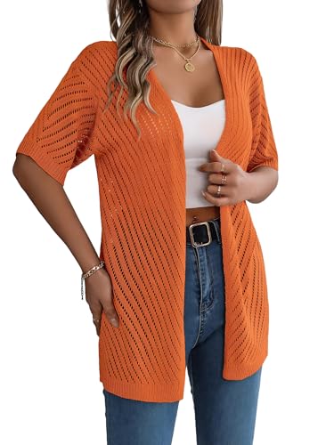 Bkul Strickjacke Damen Sommer Ausgehöhlt Kurzärmelige Strickpullover Einfarbig Lässig Leicht Sonnenschutz Cardigan(Orange,L) von Bkul