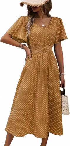 Damen Dot Kleider Sommer Boho Daylight Kleid A-Linie Kurze Ärmel Strandkleider Lässiger Knielanger Mittellanger Damenrock(Erdigelb,2XL) von Bkul