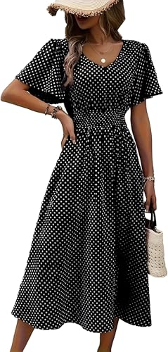 Damen Dot Kleider Sommer Boho Daylight Kleid A-Linie Kurze Ärmel Strandkleider Lässiger Knielanger Mittellanger Damenrock(Schwarz,S) von Bkul