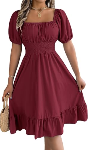 Damen Kleider Elegant Sommerkleid Damen Quadratischem Ausschnitt Kurze Ärmel Taillierte Rüschen A-Linie Kleid Dresses for Women(Rot,M) von Bkul