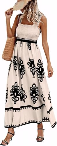 Damen Kleider Sommerkleid Damen Boho Strandkleid Langes Elegantes Trägerkleid Lässiger Bedruckter A Linien Kleid Fließendes Lockeres Dresses for Women(Aprikose,XXL) von Bkul