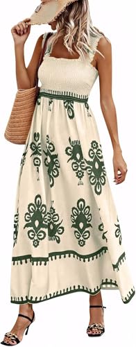 Damen Kleider Sommerkleid Damen Boho Strandkleid Langes Elegantes Trägerkleid Lässiger Bedruckter A Linien Kleid Fließendes Lockeres Dresses for Women(Armeegrün,XL) von Bkul