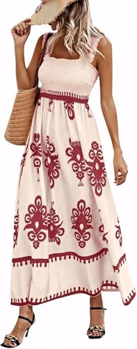 Damen Kleider Sommerkleid Damen Boho Strandkleid Langes Elegantes Trägerkleid Lässiger Bedruckter A Linien Kleid Fließendes Lockeres Dresses for Women(Burgunderrot,M) von Bkul