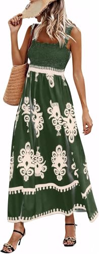 Damen Kleider Sommerkleid Damen Boho Strandkleid Langes Elegantes Trägerkleid Lässiger Bedruckter A Linien Kleid Fließendes Lockeres Dresses for Women(Grün,XXL) von Bkul