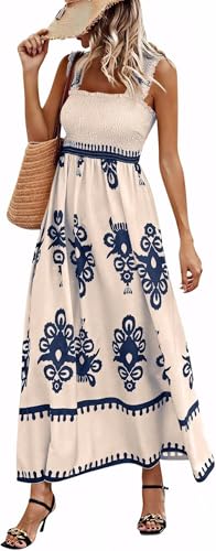 Damen Kleider Sommerkleid Damen Boho Strandkleid Langes Elegantes Trägerkleid Lässiger Bedruckter A Linien Kleid Fließendes Lockeres Dresses for Women(Marineblau,M) von Bkul
