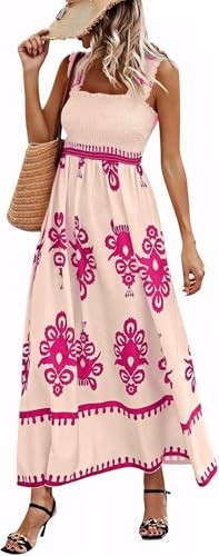 Damen Kleider Sommerkleid Damen Boho Strandkleid Langes Elegantes Trägerkleid Lässiger Bedruckter A Linien Kleid Fließendes Lockeres Dresses for Women(Rosenrot,XL) von Bkul