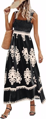 Damen Kleider Sommerkleid Damen Boho Strandkleid Langes Elegantes Trägerkleid Lässiger Bedruckter A Linien Kleid Fließendes Lockeres Dresses for Women(Schwarz,XXL) von Bkul