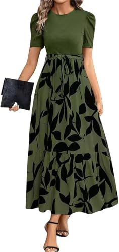 Damen Kleider Sommerkleid Damen Floral Bedruckte Kleider mit Hoher Taille Modisches und Elegantes Temperament A Linien Kleid(Armeegrün,XL) von Bkul