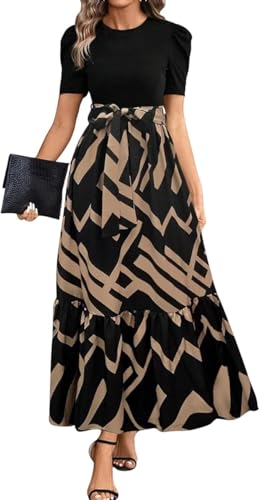 Damen Kleider Sommerkleid Damen Floral Bedruckte Kleider mit Hoher Taille Modisches und Elegantes Temperament A Linien Kleid(Braun,XXL) von Bkul