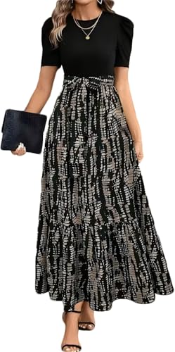 Damen Kleider Sommerkleid Damen Floral Bedruckte Kleider mit Hoher Taille Modisches und Elegantes Temperament A Linien Kleid(Dunkelgrau,XL) von Bkul