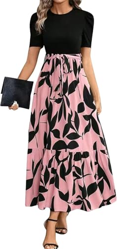 Damen Kleider Sommerkleid Damen Floral Bedruckte Kleider mit Hoher Taille Modisches und Elegantes Temperament A Linien Kleid(Rosa,XL) von Bkul