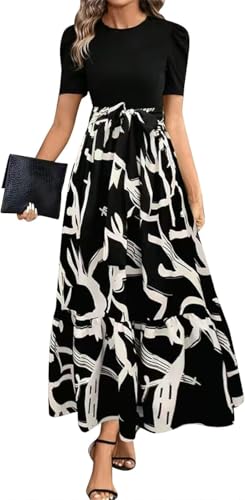 Damen Kleider Sommerkleid Damen Floral Bedruckte Kleider mit Hoher Taille Modisches und Elegantes Temperament A Linien Kleid(Schwarz,M) von Bkul