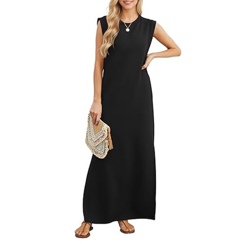 Damen Kleider Sommerkleid Damen Lässiger Lockerer Strandkleid Einfarbige A Linien Kleid Ärmelloses Geteiltes Langer Rock mit Taschen Dresses for Women(Schwarz,M) von Bkul