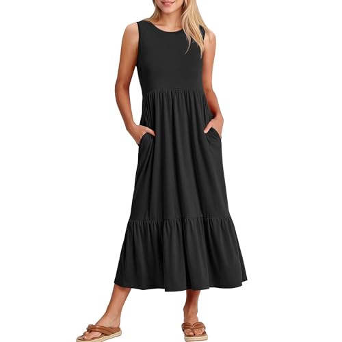 Damen Kleider Sommerkleid Damen Elegante Ärmelloses Kleid Lang Loose Swing Strandkleid mit Taschen Dresses for Women(Schwarz,L) von Bkul