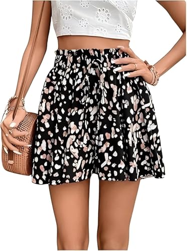 Kurze Hose Damen Sommer Shorts mit Kordelzug Modische Bedruckte Hosenrock Only Damen Casual Rüschen Strandshorts(Schwarz-B,L) von Bkul